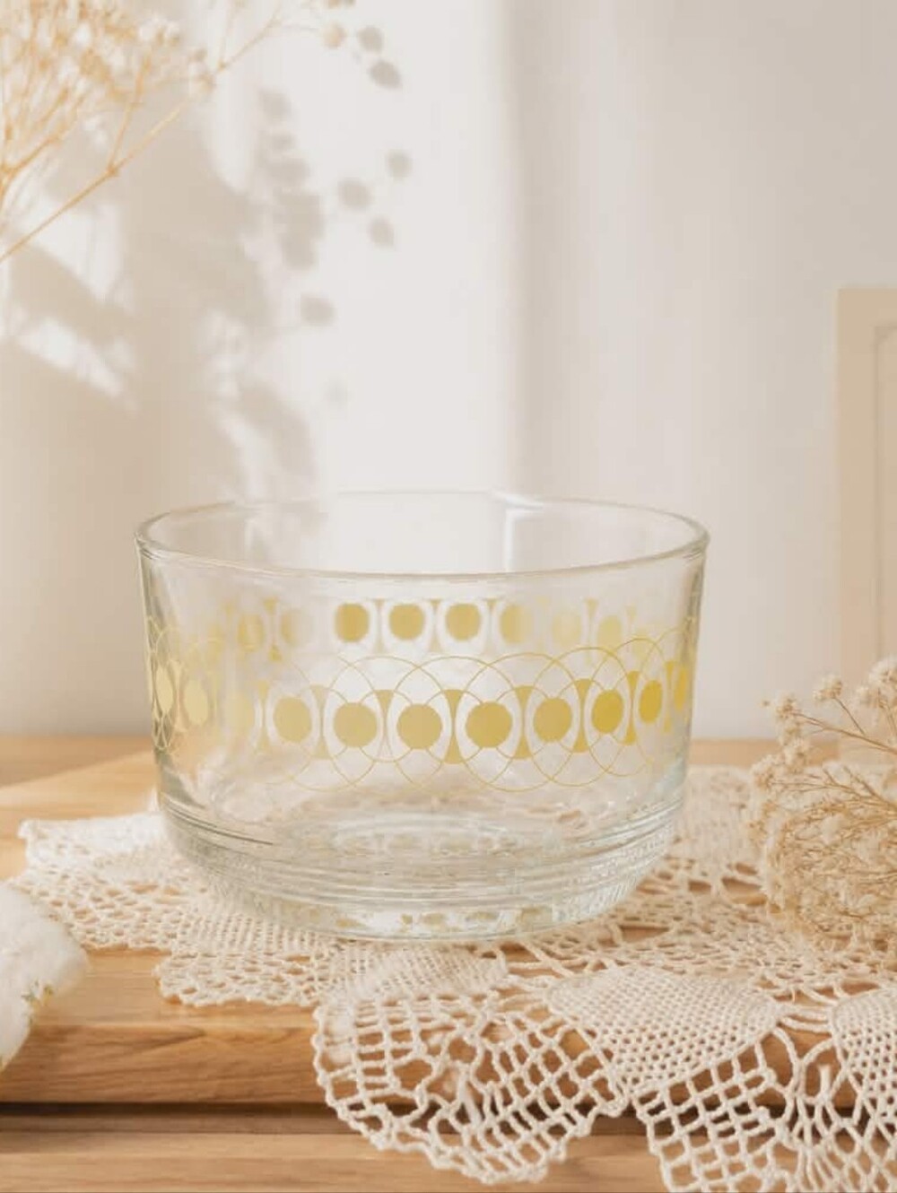 Vintage Glass Bowl with Yellow Geometric Pattern – Mid‑Century Kitchen Decor